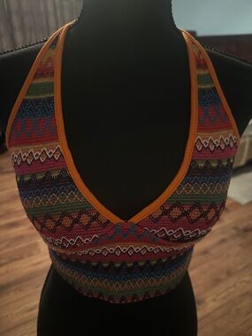 SHEIN Multicolor Tribal Print Halter Crop Top with Orange Trim